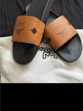 MCM Brown and Black Logo Slide Sandals